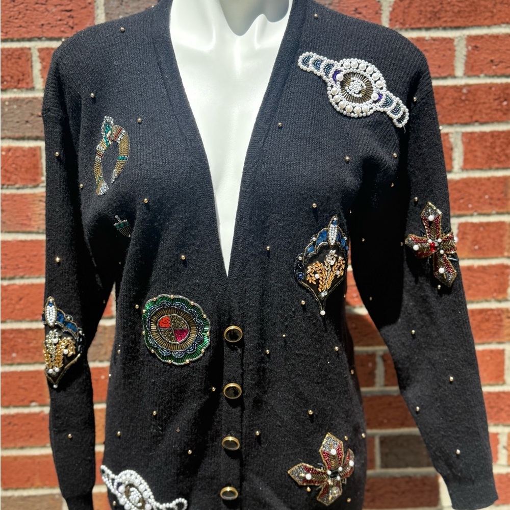 Vintage Judith Ann Creations Black Beaded Sequin Cardigan – Size Medium